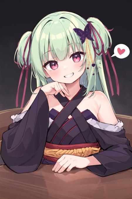 1girl, murasame, two side up, hair ornament, kimono, bare shoulders