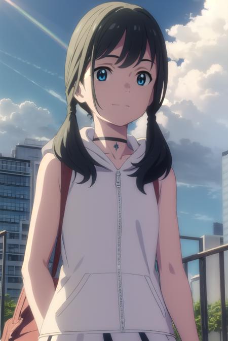 hinaamano, <lora:hina amano movie-lora-nochekaiser:1>,
hina amano, black hair, twintails, blue eyes, smile,
BREAK skirt, jacket, sleeveless, choker, hood, bag, hoodie, white jacket, backpack, hood down, hooded jacket, pink skirt, sleeveless jacket, sleeveless hoodie,
BREAK outdoors, sky, day, cloud, sunlight, cloudy sky, wind, light rays,
BREAK looking at viewer, (cowboy shot:1.5),
BREAK <lyco:GoodHands-beta2:1>, (masterpiece:1.2), best quality, high resolution, unity 8k wallpaper, (illustration:0.8), (beautiful detailed eyes:1.6), extremely detailed face, perfect lighting, extremely detailed CG, (perfect hands, perfect anatomy),