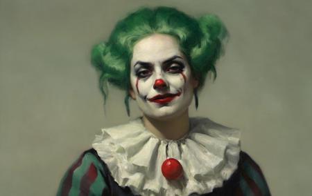 An edwardian portrait of a femme evil horror clown with green hair by ClassipeintXL