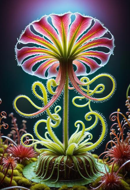A surreal sculpture fusing a genetically-engineered carnivorous plant with a biomechanical sundew, featuring a iridescent, dew-studded surface and glowing, enzyme-filled tentacles. Captured in a mesmerizing, spiral pose using high-speed photography and ultraviolet fluorescence imaging, evoking the otherworldly flora of Simon Stålenhag and the concept of genetic engineering.
 <lora:grainy-v1:0.7>