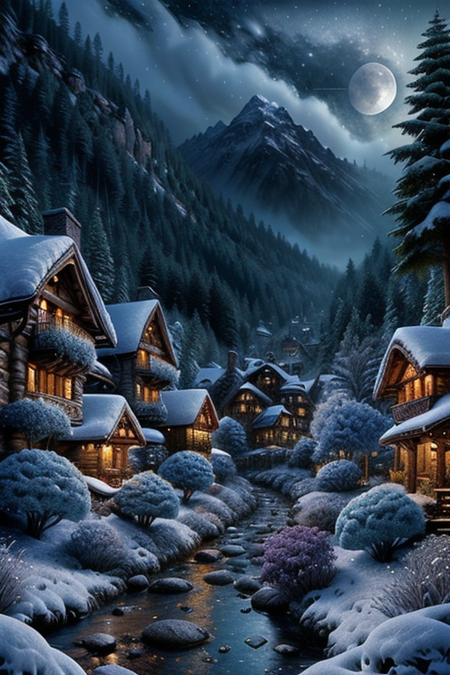 made of ral-argl, designed by Edward Moran, detailed art, hyper detailed, landscape of a Organic Cozy Tamriel in the distance there is a Snowy alpine village, Raining, Detailed illustration, Moonlit, Single Color, <lora:ral-argl:0.85>, magical, imposing, beautiful elegant, cinematic, dynamic composition, perfect composition, magical atmosphere, deep aesthetic