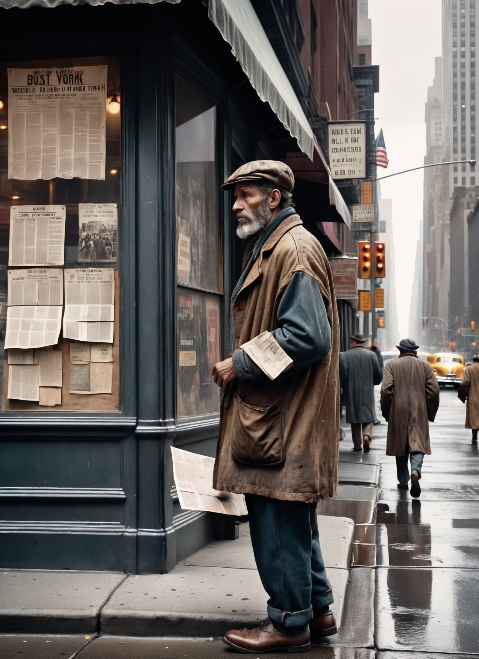 Realistic 8K raw photography, (1940s New York bustling street corner:1.2), (Symmetrical composition:1.2), Homeless man che...