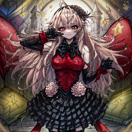 Red_Idol_Prickett star shaped pupils, a girl standing on ground with a castle in background, 1girl, solo, red eyes, thighhighs, long hair, gloves, pink hair, ahoge,  yellow star print in the eyes, posing, black red dress,