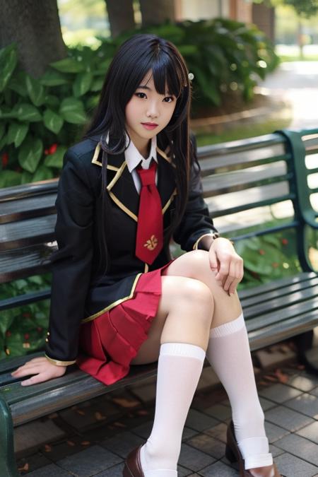 ultra-detailed,highly detailed,best quality,masterpiece,illustration,
fumizuki academy school uniform, solo, skirt,  crossdressing, necktie, cosplay, 1girl, socks, sitting, kneehighs, jacket, bench, looking at viewer,photo inset, outdoors, pleated skirt, photo background, male focus, bangs, blazer, feet out of frame,day, long sleeves, leaf,
<lora:fumizuki academy school uniform_v1_06:0.8>