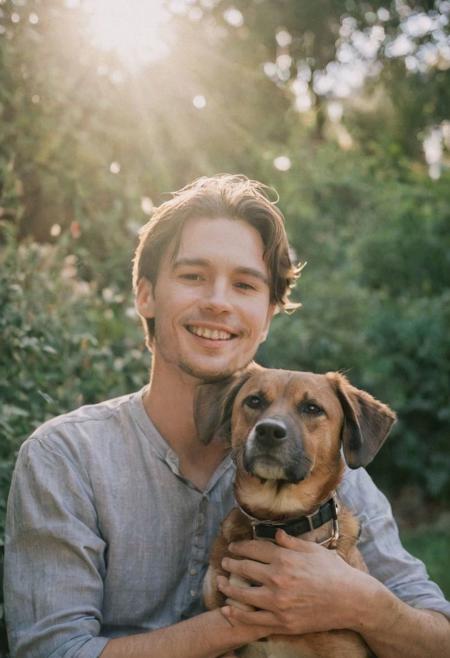 cinematic film still fashion photography portrait of 1man with cute dog as companion, headshot, sunlight , Fine Art & Beauty Photography – ,,light diffraction in frame, dreamy,hazy look.  Helios 44-2 lens mounted on a Praktica MTL 5B Helios 44M-4 lens, 58mm f/2,   in a garden. authentic happy smile towards camera, <lora:hand 4:0.3>