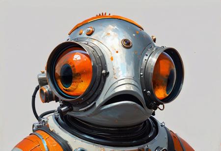 a painting of a fish with a space helmet on it's head, trending on artstation, bright orange eyes, jeremy cowart, style of pixar, character is half in the water, thick impasto technique, gray anthropomorphic, bold simple shapes, the artist has used bright, rust, russ mills, one eye wink, no signature