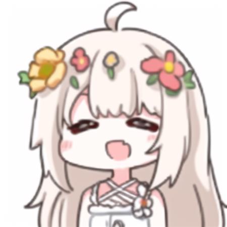 <lora:emotion:0.5> ,<lora:yuri:1>,chibi,upper body,jitome,yellow hair,long hair,closed eyes, hair_flowe,flower_hair_ornament,(white dress)