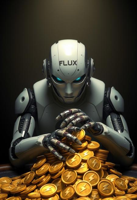 an android that looks almost human in a dark room with the word FLUX on its forehead sat at a table scooping a big pile of gold coins with lightning bolts embossed on them toward itself by wrapping its arms around them, similar to a greedy poker player raking a pile of poker chips.