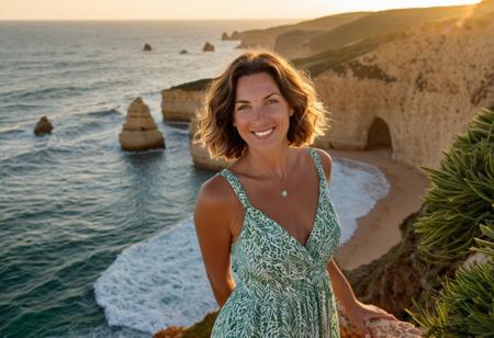 Algarve Cliffside Serenity**  
*A 35-year-old woman (sun-kissed skin, green eyes, wavy short hair) stands atop Algarve’s cliffs, wind lifting her linen dress. Her oval face, with its soft laugh lines and visible pores, glows at sunset, ocean waves below. Canon EOS R5, 70-200mm f/2.8, 8K. Style: Steve McCurry’s vivid realism.*