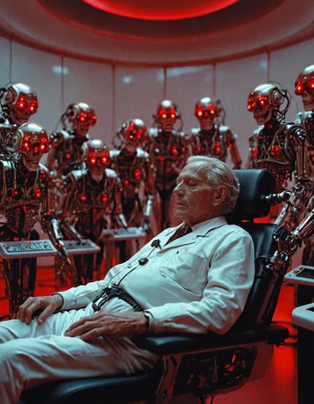 Surrealist art breathtaking cinematic film still elderly man reclined in chrome biobed, eyes closed as dozens of fine-tipped robotic arms with red surgical lights adjust neural array surrounding his skull, large spherical AI monitor hovering inches from face, red reflections casting eerie glow, tubes feeding into exposed scalp, interior cold and white, walls lined with blinking diagnostics, cinematic symmetry, filmed on Kodak Vision3 250D, shot with Arri Alexa Mini, tone of compassionate error and high-tech mercy gone astray,
<lora:add-detail-xl:1>,OverallDetailXL,ArsMovieStill,<lora:MJ52_v2.0:0.7>,<lora:EldritchCandids1.1.2:0.75>,<lora:EpicF4nta5yXL:0.4>,<lora:Year_3000_Movie_Stills:0.5> . shallow depth of field, vignette, highly detailed, high budget, bokeh, cinemascope, moody, epic, gorgeous, film grain, grainy . award-winning, professional, highly detailed . Dreamlike, mysterious, provocative, symbolic, intricate, detailed