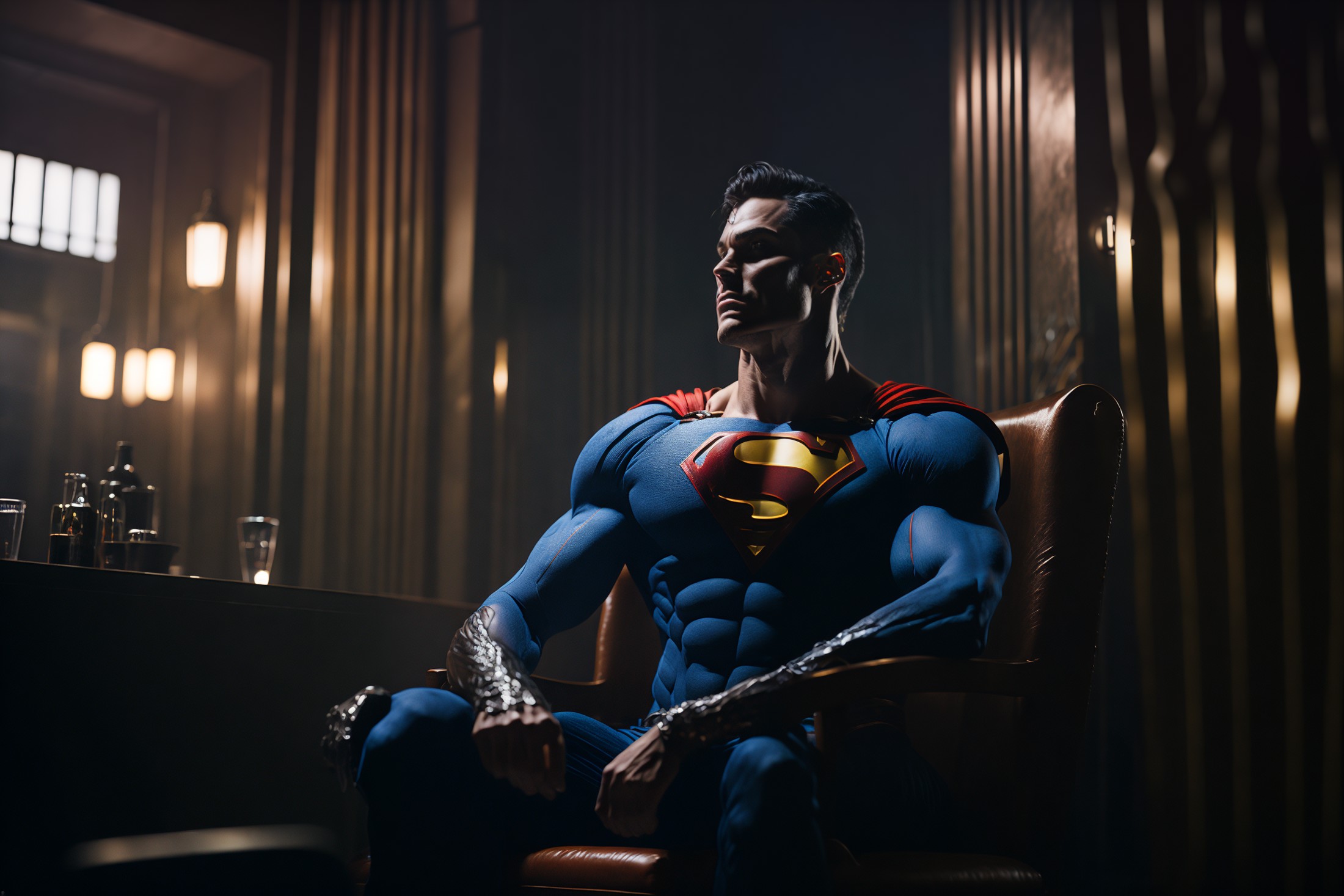 portrait of a superman wearing sitting on a throne inside a bar with a window inside a throne room, edge light, well lit, ...