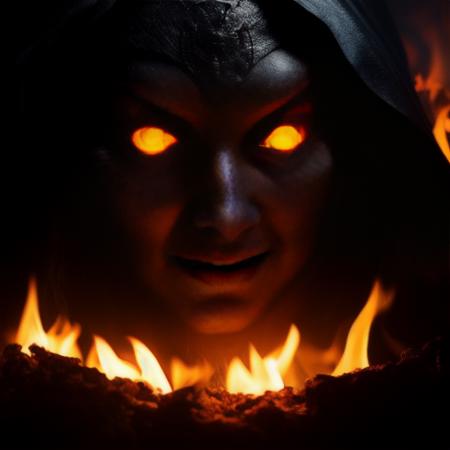 Photo of an evil witch with eyes of fire in a dark and creepy cave, highly detailed, UHD, 8k