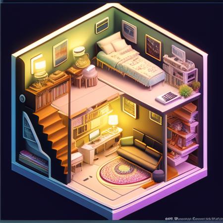 a photo of the clean Isometric_Dreams,  with a computer desk and a chair,a computer generated image of a room with a spiral staircase and a globe on the wall