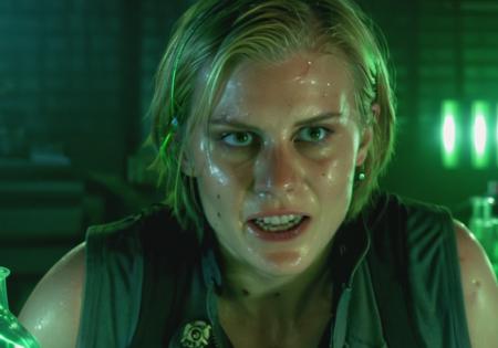 Cinematic photo of Kara Thrace grimacing in a (laboratory),  (sharp teeth:1.3), brussel sprout head, fabulous eyes, chaos, smoke,vibrant, green neon lights, 35mm photograph, film,professional, 4k, highly detailed, film grain, grainy  <lora:Kara_Thrace:0.9>