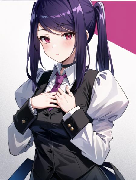 1girl, solo, bangs, blush, hand on own chest, jill stingray, long sleeves, looking at viewer, purple hair, medium breasts, necktie, shirt, solo, upper body, vest,  <lora:Jill_Stingray-02:1>, bartender, vest, white shirt,