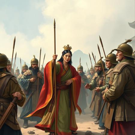 Princess Pingyang, directing her soldiers to feed citizens of liberated town,  China, 623. In 617, Pingyang, born in 600 ce,  sold her property and joined her father’s rebellion. She organized an “Army of the Ladies”. She took on and defeated other rebel groups, as well as bandits, raiders, and brigands that were terrorizing the countryside. Her army soon became a respectable fighting force of over 70,000 warriors. When Pingyang conquered a town or city, she forbade her men from looting, violating, and plundering; instead her army would bring food and drink to the oppressed citizens.