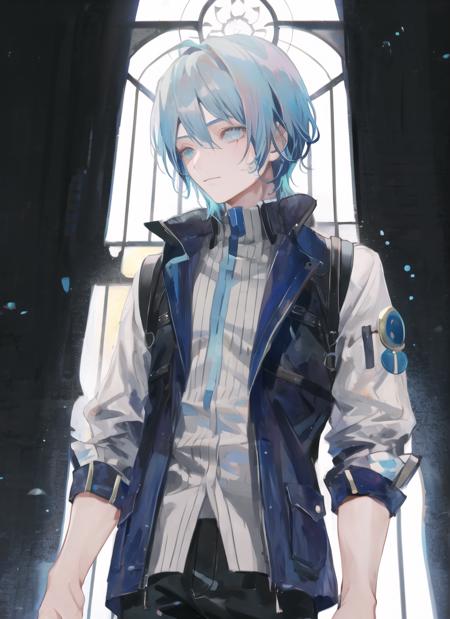 1boy,solo, blue hair, <lora:newrei2:1>