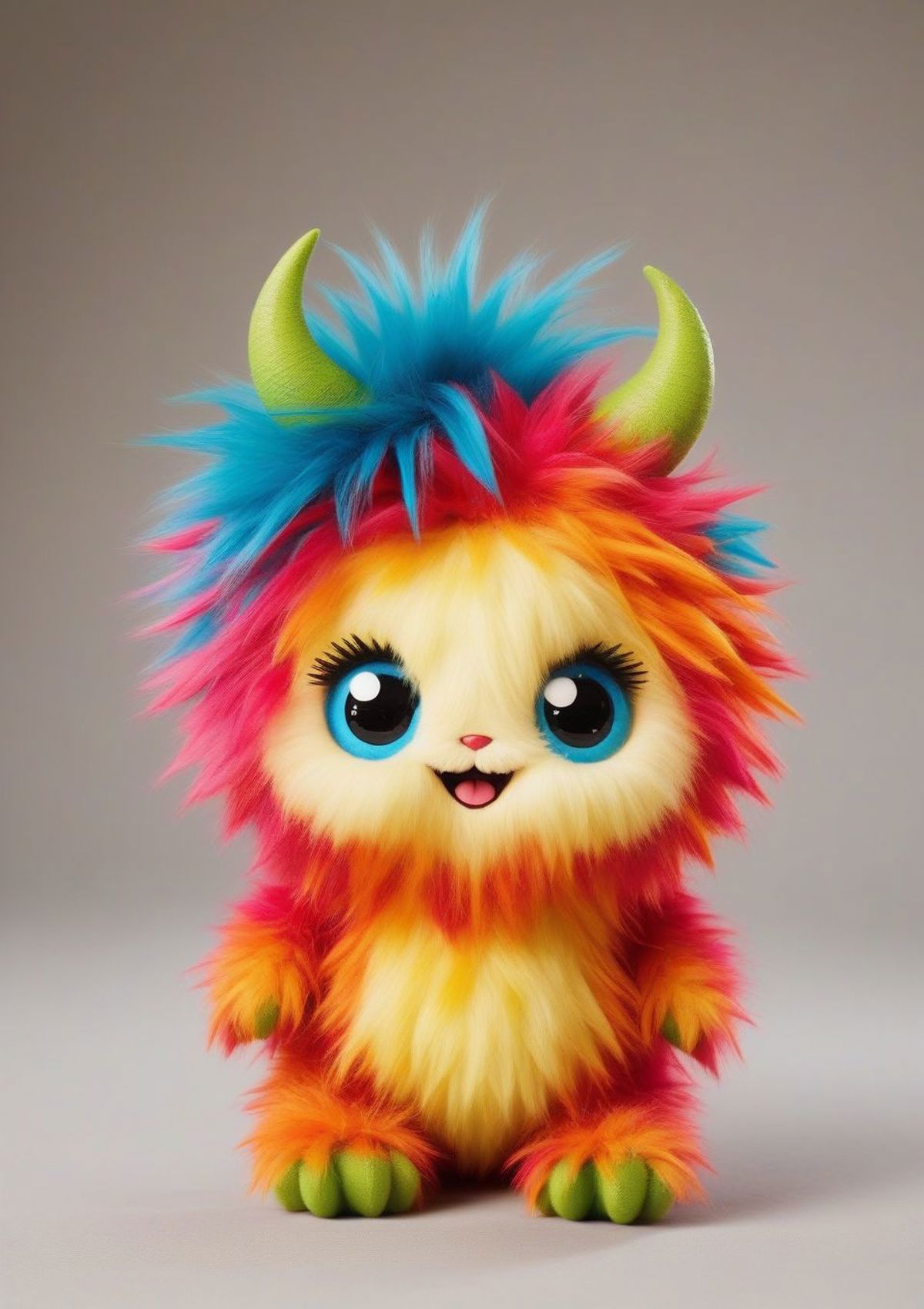 A colorful, fuzzy monster with horns and blue eyes.