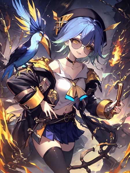 masterpiece,best quality,highres,cinematic lighting,dramatic angle,<lora:ShadowverseBarbarosV1-000036:0.8> ,1girl,blue hair,ahoge,gradient hair,messy hair,hat,hair ornament,sunglasses,jacket,white shirt,sailor collar,bowtie,belt,sheath,pleated skirt,(single black thighhigh,asymmetrical legwear:1.1),looking at viewer,night,bird,parted lips,smile,choker,bare shoulders,yellow eyes,collarbone,close-up,holding weapon,(piles of gold,coin,medal,monoey,:1.4),(blood,corpses,piles of skull:1.2),standing,fire,burning village,blood on face,cowboy shot