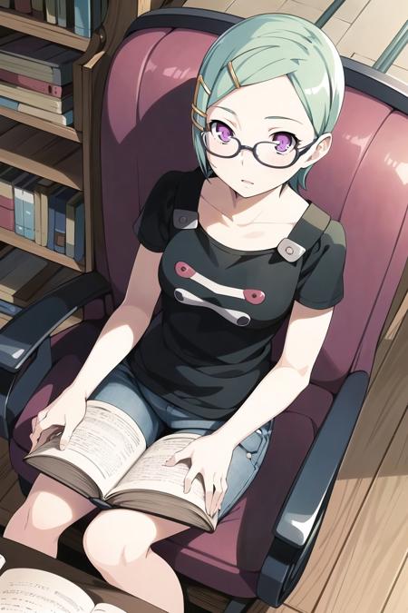 1girl, eureka, (black t-shirt:1.2), purple eyes, aqua hair, short hair, jeans, glasses, hairclip, short sleeves, sitting on chair, reading book, from above, library <lora:eureka_v9:1.0> <model:7f96a1a9ca:non-realism_anime_AnythingV5Ink_v5PrtRE>