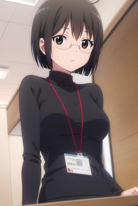 lucyyamagami, <lora:lucy yamagami s1-lora-nochekaiser:1>,
lucy yamagami, short hair, black hair, (black eyes:1.5), ahoge, glasses,
BREAK pants, sweater, turtleneck, id card, lanyard,
BREAK indoors, office,
BREAK looking at viewer, (cowboy shot:1.5),
BREAK <lyco:GoodHands-beta2:1>, (masterpiece:1.2), best quality, high resolution, unity 8k wallpaper, (illustration:0.8), (beautiful detailed eyes:1.6), extremely detailed face, perfect lighting, extremely detailed CG, (perfect hands, perfect anatomy),