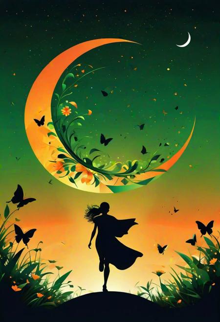 Silhouette vector art, (Noir art style:1.3), Dramatic composition, Vibrant green and orange color theme, (Sweeping light in the shape of a flower:1.2), Butterflies in flight, (Majestic crescent moon:1.2), Kids running in the distance, (Geometric shapes:1.2), Atmospheric depth, Intricate details.