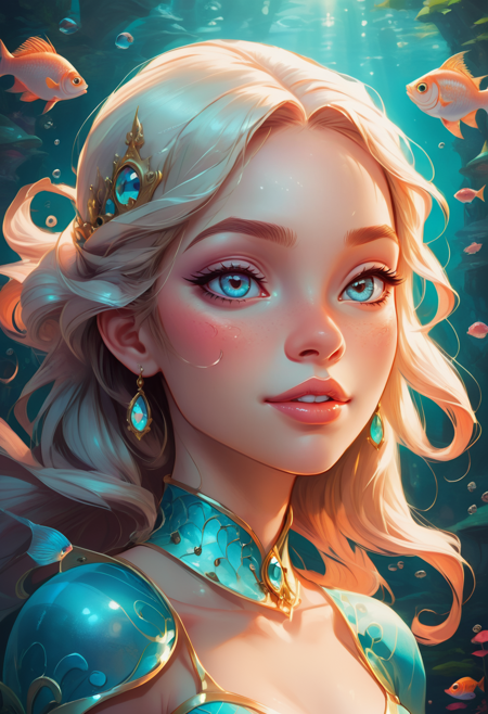 Masterpiece, high quality, stunning composition, highly rated artwork, detailed art, many details, fairytale, storybook detailed illustration, complex background. ((looking at viewer))
fish princess, face closeup, big lips, Amused grin, blunt cut, Dreamlike atmosphere
<lora:20250419-1745075667520:0.8>,  <lora:SDXLFaeTastic2400:0.6>