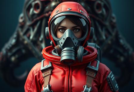 "Create a hyper-realistic, orthographic front view of a bimbo-style woman wearing a red flexiseal space suit and a gas mask, with intricate clothing textures and details. The suit should have elements inspired by Subnautica's design. The background features a menacing sea creature from the game. Produce a high-definition, 8K render using Unreal Engine or a similar program, aiming for a cinematic, sci-fi movie feel. Symmetry, global illumination, and depth field should be utilized to enhance the overall grimdark atmosphere."
