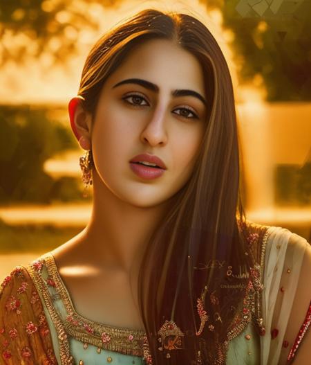 (SaraAliKhan) , (art by Henriette Grindat:0.9) , photograph, Mosaic-Like Woman, ð, Summer, Tranquil, dramatic lighting, film grain, Sony A7, Selective focus, 64K, professional,  <lora:SaraAliKhanSD1.5:1>