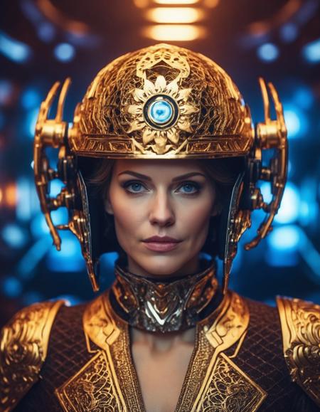 cinematic photo portrait of ((ohwx woman)) wearing an ornate cybernetic helmet, by jan van eyck and johannes vermeer. glowing lights intricate artwork masterpiece trending on artstation 8 k 150 mpx hdr cgsociety contest winner award winning photography beautiful lighting detailed realistic well proportioned headshot portrait unreal engine 5 extremely high quality wallpaper 4k octane render neon colors sharp focus illustration surrealism close up shot super wide angle shallow depth of field   <lora:triciahelfer_dh128_v1:1> . 35mm photograph, film, bokeh, professional, 4k, highly detailed