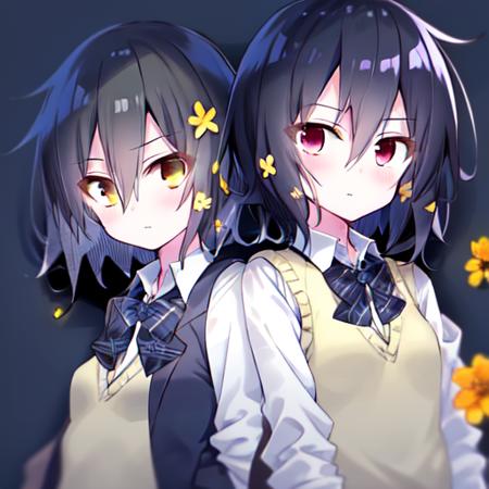 mizuno ai,red eyes,  jacket, bow,  school uniform, hair ornament, plaid bow, short hair, black hair,Small yellow flowers in the hair,, shirt,sweater_vest,yellow_vest upper body, plaid, blazer, hair flower, bowtie, hair between eyes, white shirt, flower, long sleeves,cardigan, bangs,