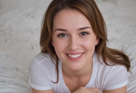 Smiling, sexy 20yo girl laying on a bed looking at the viewer