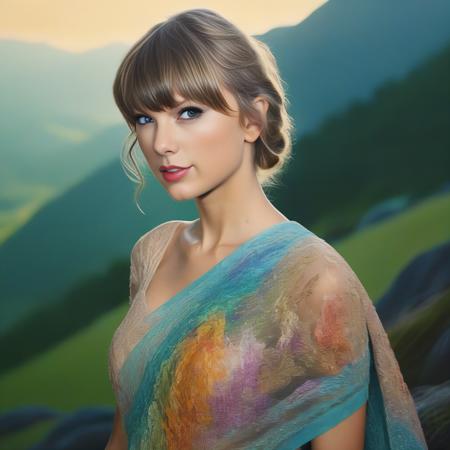 TaylorSwift, photograph, Canadian Girl, Planning events, wearing Nutty Wires Sari, Beehive hairstyle, dense hillside, Gouache Art, soft light, film grain, Canon R5, 50mm, Ektachrome, art by Ray Collins, (art by Miki Asai:0.8) ,  <lora:TaylorSwiftSDXL:1>