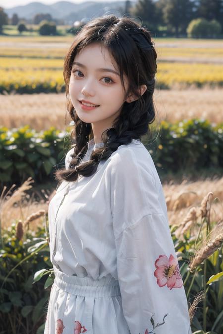 masterpiece,best quality,ultra high res,realistic skin,
1girl,25 yo,long braid,Floral Print Dresslooking at viewer, smile,
,field,wheat field,