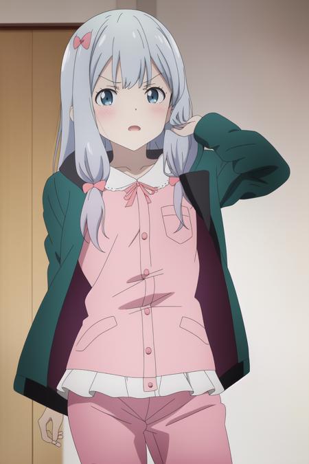 <lora:Eromanga_izumi sagiri:0.7>  izumi sagiri 
green jacket, pink pajamas, 8k, masterpiece, absurdres, anime,