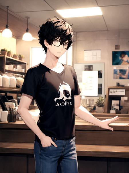 masterpiece, best quality, 1boy, solo, male focus, dsjoker, black hair, short hair, grey eyes, glasses, t-shirt, jeans, standing, indoors, coffee shop, cowboy shot, (soejima shigenori, persona 5:0.8)
 <lyco:dsjoker_lc_768:1>