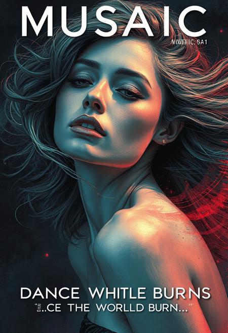 high quality design aesthetics, disco, synth pop, dynamic, detailed, pop album cover, melancholic, beautiful young white woman, artist name "MUSAIC", album title "Dance While The World Burns"
