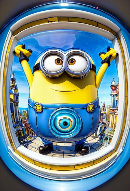 Stained glass illustration, ((novuschroma54 style)), Minion, Minion made of glass, Minion looking at viewer, selfie, arms out:2, smiling, MinionStyle, ultra-wide angle, 4mm fisheye, f1sh3y3,
