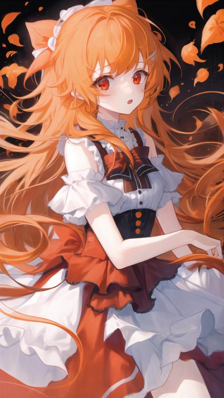 1girl, orange hair, red eyes, dress, (solo:1.3),  <lora:MatchaStyleV1:1>