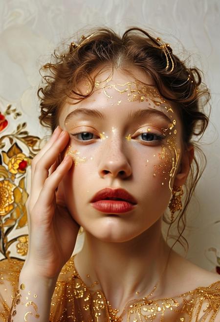 A purely sensual, unashamedly provocative woman, early 20s, commanding allure, visceral carnal confidence. Art Style: Hybrid Egon Schiele raw expressiveness, elongated forms, emotional depth. Gustav Klimt vibrant stained-glass ornamentation, symbolic details, rich textures. Infused contemporary high-fashion editorial photography crisp lines, minimalist aesthetic. Extreme close-up, uncomfortably intimate. Wide-angle lens distortion subtly elongates features, surreal effect. Aggressively cropped, emphasizing direct, challenging gaze. Head tilted back slightly. Eyes locked with viewer, direct knowing stare. Hand raised, fingers provocatively tracing outline of full, parted lips. Nothing explicitly visible. "Clothing" intricate lustrous organic patterns (Klimt influence), painted on skin, ethereal tattoos, glowing bio-luminescent markings, celebrating body curves. Hair messy undone chignon, seductively escaping tendrils framing face. Abstract background. Gradient deep velvety blacks to molten warm metallics, infinite luxurious void. Dramatic chiaroscuro, stark contrast, erotically accentuating every curve and hollow of her form. Single blindingly intense beam of light illuminates eyes. Keywords: Visceral eroticism, raw power, gilded sensuality, decadent elegance, unsettling allure, fragmented composition, luxurious minimalism, raw desire, fine art portraiture, award-winning digital painting, provocative, alluring, seductive, carnal, unabashed