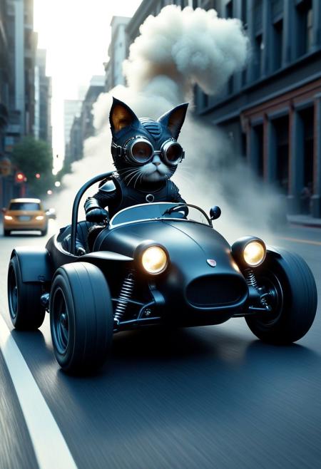 closeup full body shot, from side, closeup cute small spooky classic monster sports car, cat driving on, wear round goggles, wear animal ears helmet, wear black armor, run through on city road, Dust cloud, cinematic, cinematic lighting, (masterpiece, best quality:1.4), ultra-high res, 4k, Photorealistic, insanely detailed, sfw,