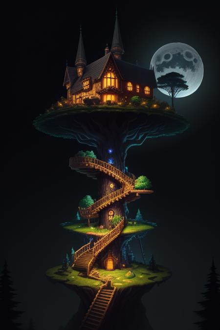 a close-up photo of the Isometric_Dreams, a tree house with a tower and a staircase inside of it, surrounded by trees and a moon in the sky