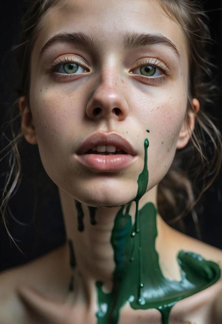 Ultra detailed film photograph with tiny depth of field, shot in an empty studio space with complex lighting. The bare bust of a beautiful woman, her hair and face and slender neck and delicate collarbone and small firm breasts. She looks stoic and severe, soft eyes that are perfectly in focus. Her mouth is overflowing with thick paint, From her lips flows richly green colored paint, drooling and trickoing from her lips down her chin, dripping on her tiny breasts, trickling down her neck. Everything else slips out of focus. Surreal and artistic.