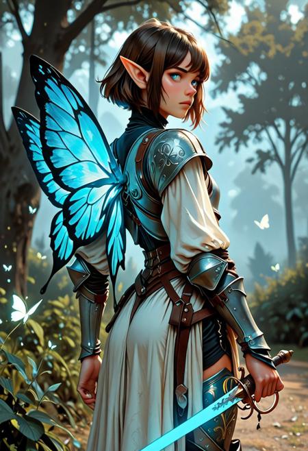 score_9_up, score_8_up, score_7_up, score_6_up. masterpiece, best quality, good quality, very aesthetic, absurdres, semirealism, hkvaloria, RapierXL, fantasy, 8K, depth of field, focused subject, cowboy shot, not tanned Elf knight:1.3, 19yo male, androgynous, pointed ears, short brown hair, male haircut, blue eyes, wearing detailed armor, leg armor, he is standing, holding sword, rapier, weapon, blue glowing sword, large white glowing butterfly wings on the knight's back, park,