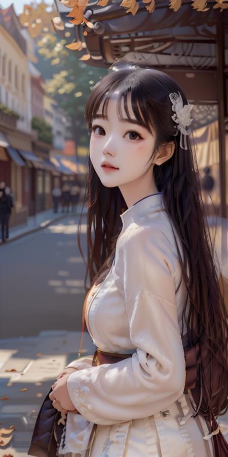 masterpiece,highres, highest quality,intricate detail,best texture,realistic,8k,soft light,perfect shadow, sunny,modern city,crowding street,stores,shopping,falling leaf, portrait,erjie,1girl,hanfu,walking,Luxury, street shot,