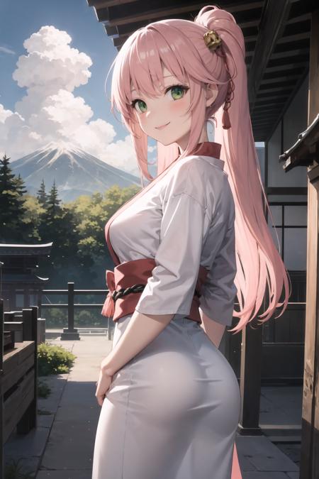 masterpiece, best quality, 1girl, long pink hair, green eyes, arms behind back, japanese clothes, shrine, well, clouds, smile