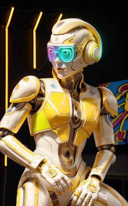 Pop Art style ((bright neon colors)), (top-quality, 8K, masterpiece:1.3) A photo of a sleek, humanoid robot, playing a musical instrument, wearing a stylish jacket, on a modern stage taken with a prime lens highly detailed, detailed skin, dramatic spotlighting <lora:IvoryGoldAIv2:1> ivory gold . Bright colors, bold outlines, popular culture themes, ironic or kitsch