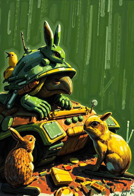 round brush drawing, intensifying made of tortoise in a derisive, misconceives, churning butter, late afternoon, with a military 50s helmet, with tank parts in his shell fighting in WWII with birds with plane parts, rabbits with train parts and moles with scavenger parts
