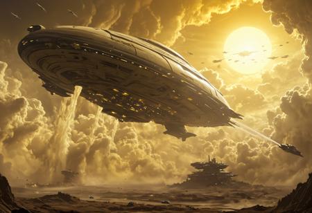Deep inside the atmosphere of Saturn an enormous spaceship emerges from a towering bank of yellow and brown clouds. The sunlight filters through the thick atmosphere, bathing everying in a weird yellow sulfurous light.  Weird alien winged creatures and floating gas bag creatures flee the spaceship. The spaceship is in the style of Chris Fosse, stiped in black and yellow.
