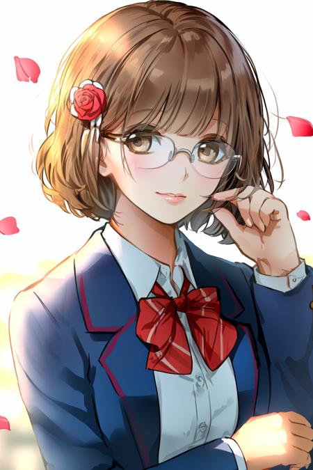 ichigestyle, 1girl, solo, brown hair, hair ornament, brown eyes, short hair, hairclip, looking at viewer, flower, jacket, upper body, bangs, shirt, holding, white shirt, eyewear removed, red bow, bow, school uniform, red jacket, white flower, collared shirt, holding eyewear, rose, long sleeves, parted lips